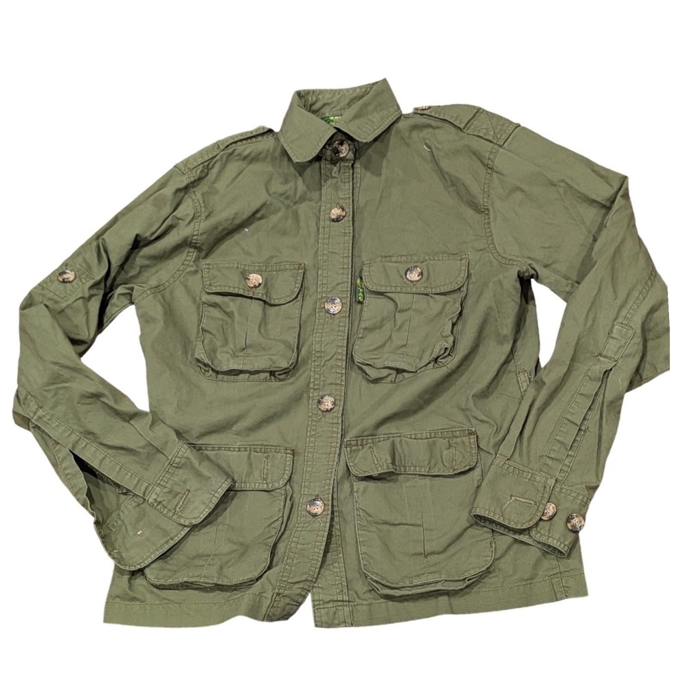 Vtg TAG Safari Travel Clothing Army Green Utility Safari Trail Jacket Shirt Sz S